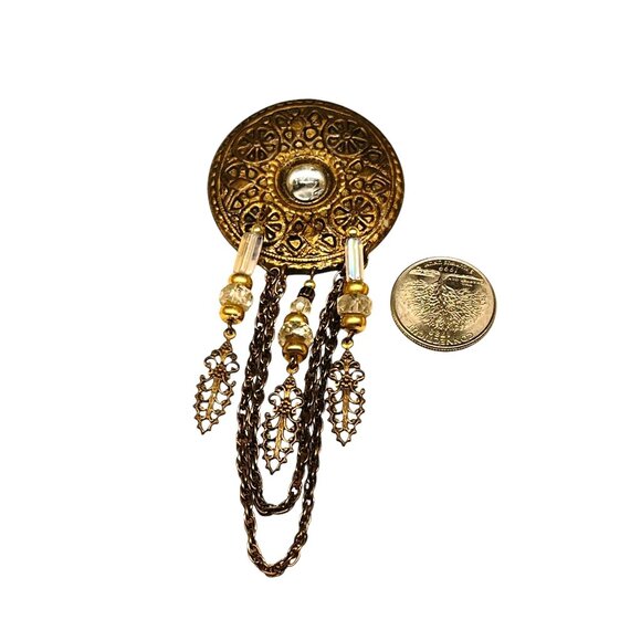 Vintage Ornate Brass Brooch With Chain & Bead Dangles - Picture 4 of 7